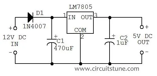 Napravite popis komponenata kruga pretvarača od 12 V do 5 V