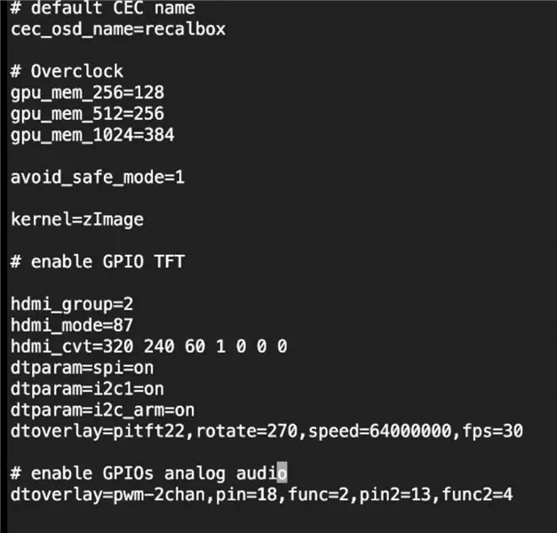 E. Modifique las configuraciones de Recalbox para la pantalla TFT y los altavoces