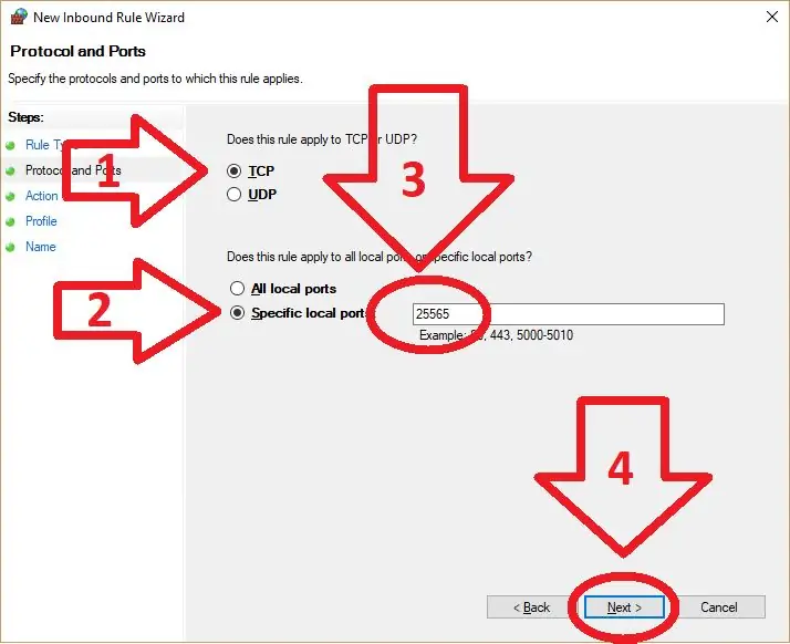 Escolha as configurações da porta