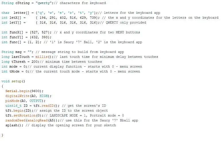 Código de encabezado, variables globales, configuración de pantalla