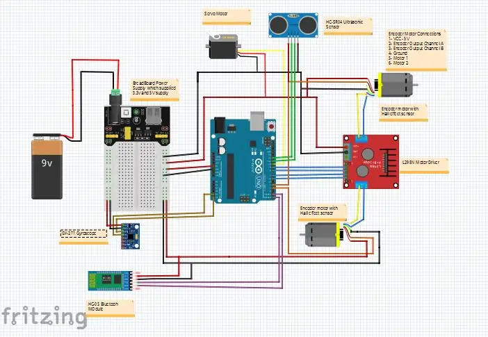 Robot Arduino cu distanță, direcție și grad de rotație (est, vest, nord, sud) controlat prin voce folosind modulul Bluetooth și mișcarea autonomă a robotului