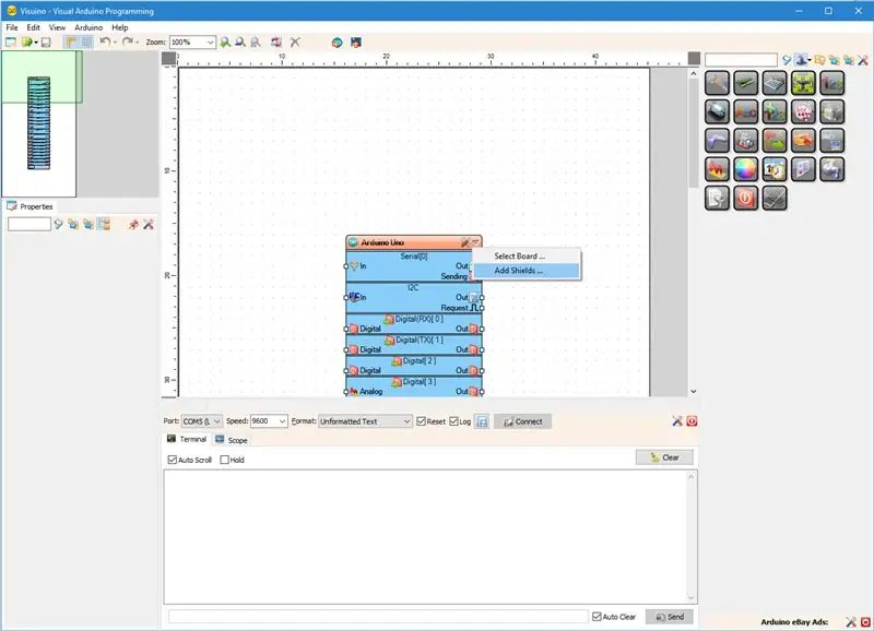 เริ่ม Visuino และเพิ่ม TFT Display Shield