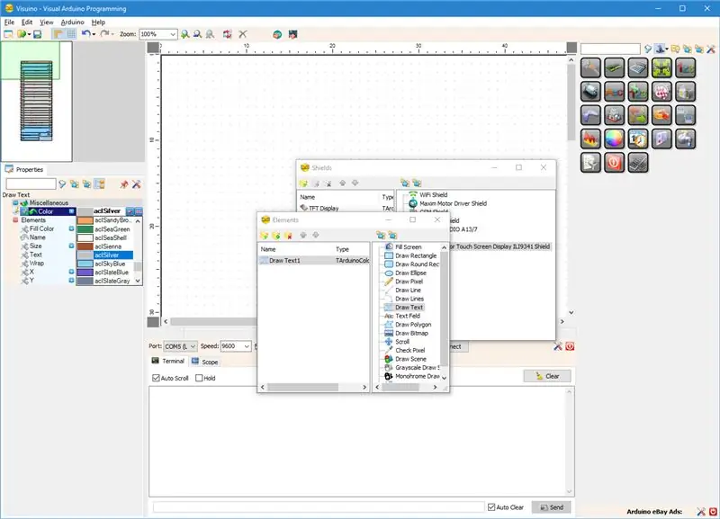 Trong Visuino: Thêm phần tử vẽ văn bản cho bóng văn bản