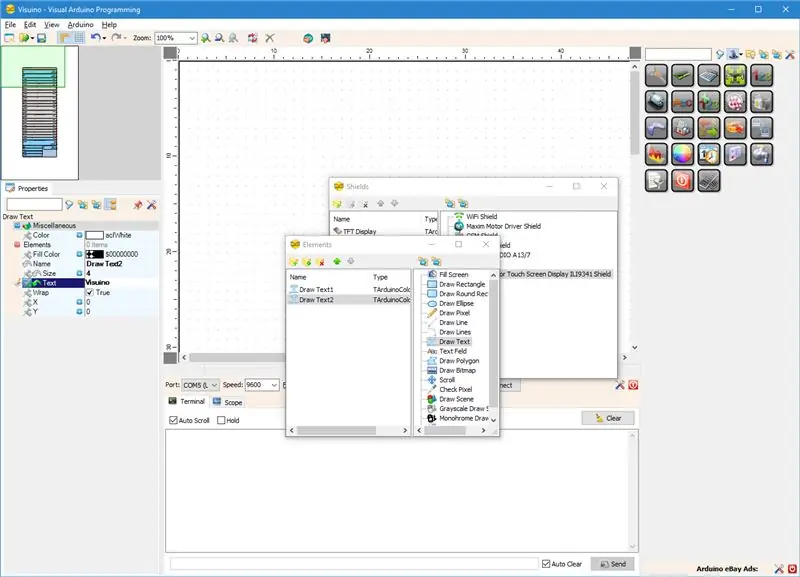 Trong Visuino: Thêm phần tử vẽ văn bản cho nền trước văn bản