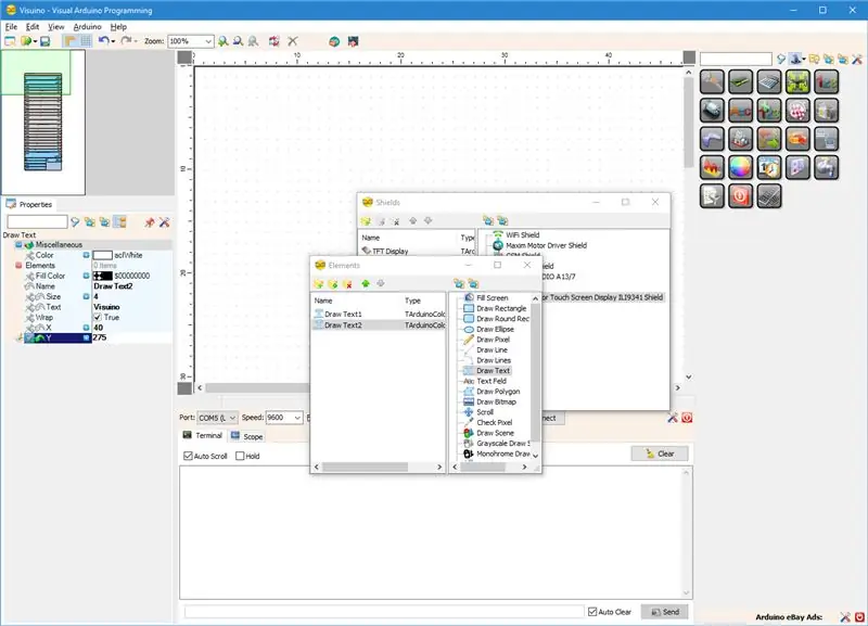 Trong Visuino: Thêm phần tử vẽ văn bản cho nền trước văn bản