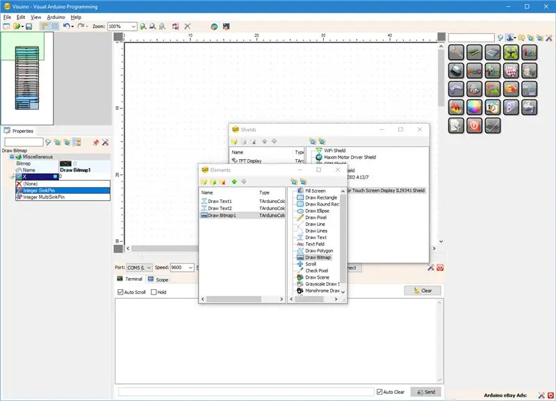 Vo Visuine: Pridajte piny pre vlastnosti X a Y prvku Kresliť bitmapu