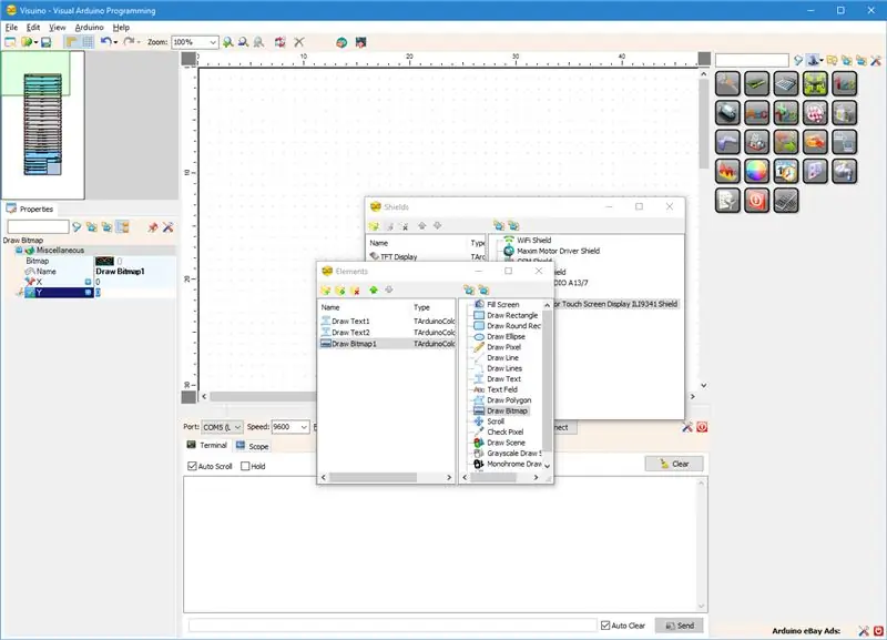 En Visuino: agregue pines para las propiedades X e Y del elemento Dibujar mapa de bits