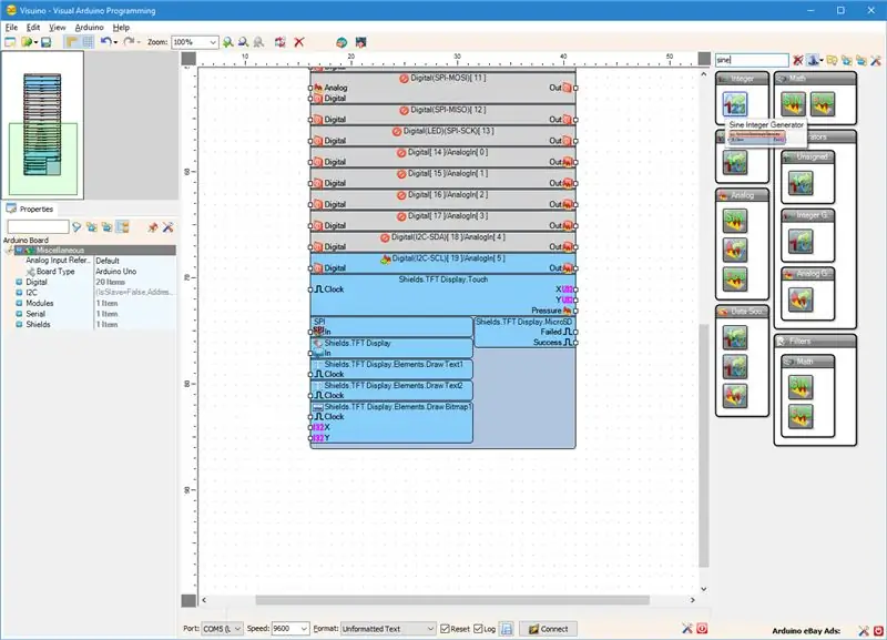 En Visuino: agregue 2 generadores de seno entero y configure el primero