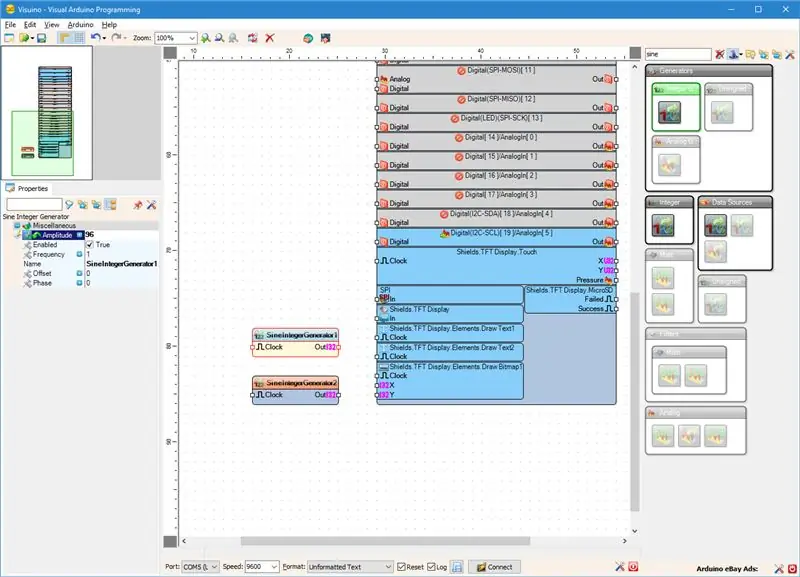 I Visuino: Lägg till 2 heltalssine -generatorer och konfigurera den första