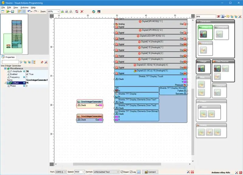 In Visuino: aggiungi 2 generatori sinusoidali interi e configura il primo