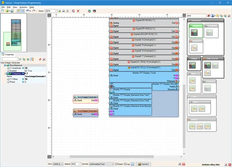 In Visuino: aggiungi 2 generatori sinusoidali interi e configura il primo