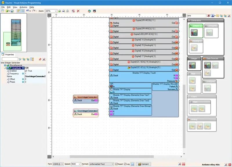 In Visuino: Konfigurieren Sie den zweiten Sinusgenerator und verbinden Sie die Sinusgeneratoren mit den X- und Y-Koordinatenpins der Bitmap