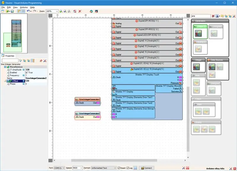 In Visuino: Konfigurieren Sie den zweiten Sinusgenerator und verbinden Sie die Sinusgeneratoren mit den X- und Y-Koordinatenpins der Bitmap