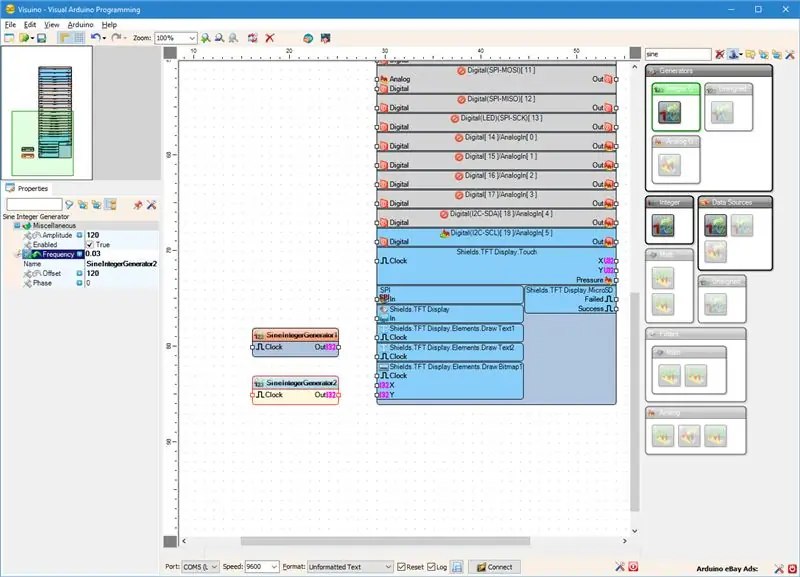 În Visuino: configurați al doilea generator de sinusuri și conectați generatoarele de sinusuri la pinii de coordonate X și Y ai bitmap-ului