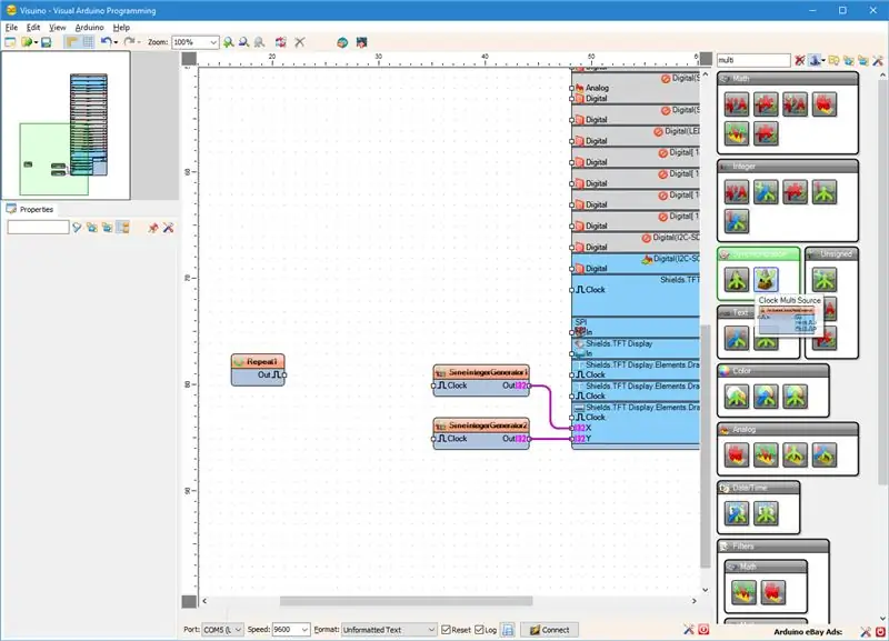 Di Visuino: Tambahkan dan Hubungkan Mulai dan Jam Komponen Multi Sumber