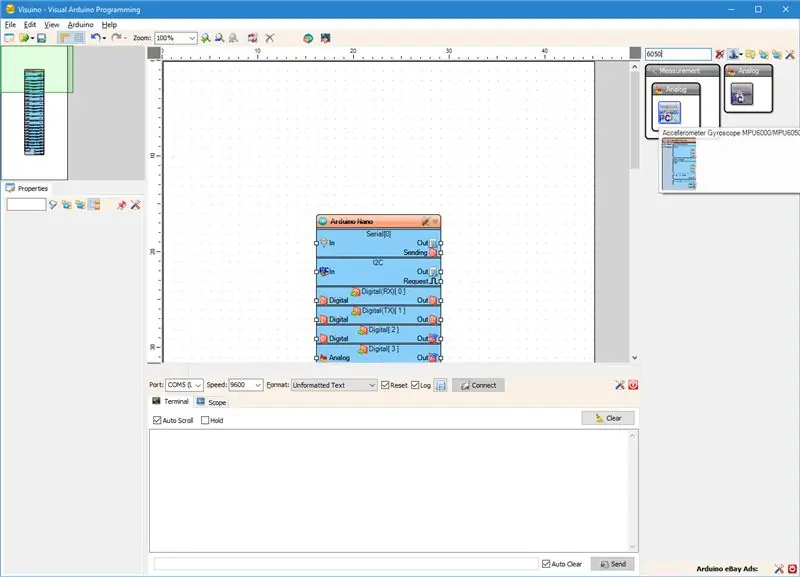 A Visuino: afegiu i connecteu els components MPU9650 i Acceleration to Angle