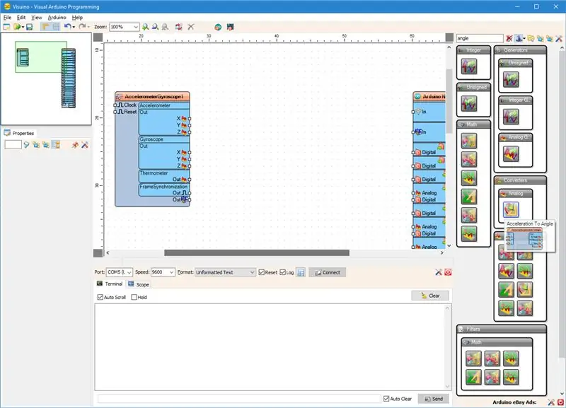 En Visuino: agregue y conecte MPU9650 y aceleración a componentes de ángulo