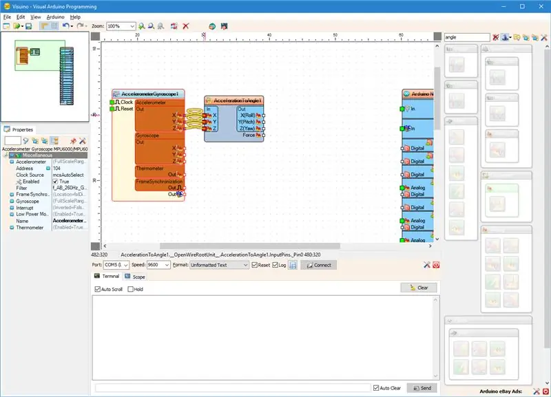 Visuino -да: MPU9650 мен үдеуді бұрыштық компоненттерге қосыңыз және қосыңыз