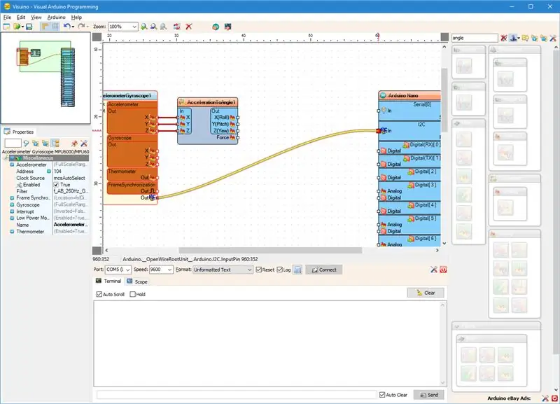 Visuino -да: MPU9650 мен үдеуді бұрыштық компоненттерге қосыңыз және қосыңыз