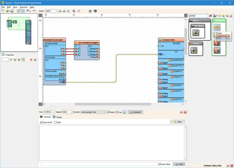 A Visuino: afegiu un component de paquet i configureu el marcador de capçalera