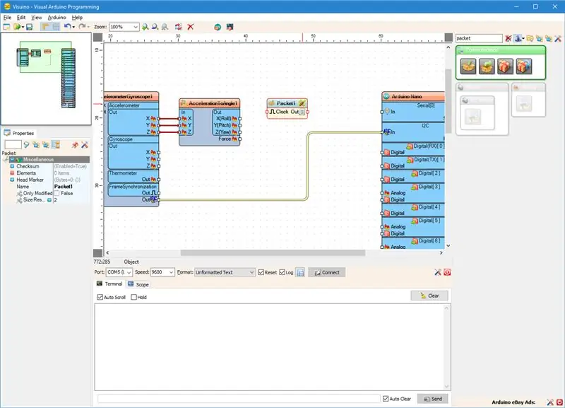 In Visuino: voeg 3 binaire analoge elementen toe aan de pakketcomponent en verbind ze