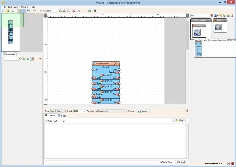 In Visuino: MPU9250-component toevoegen en aansluiten