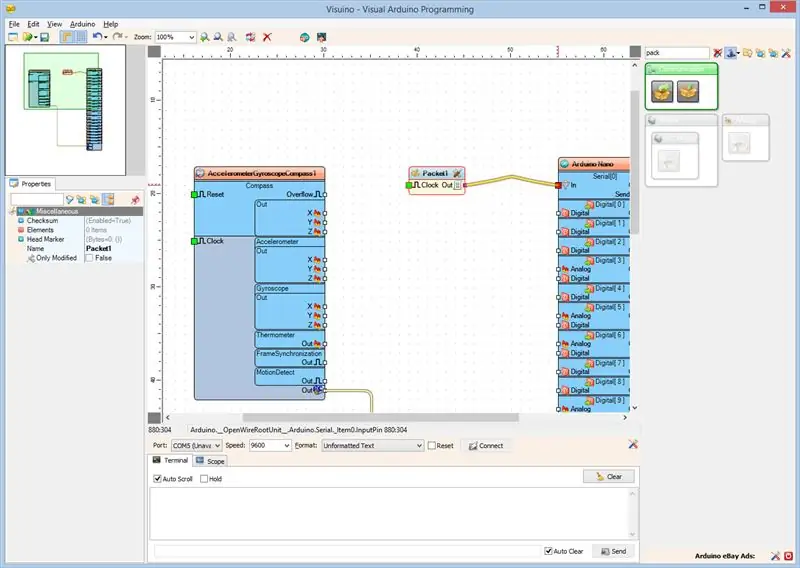 En Visuino: agregar y conectar el componente de paquete