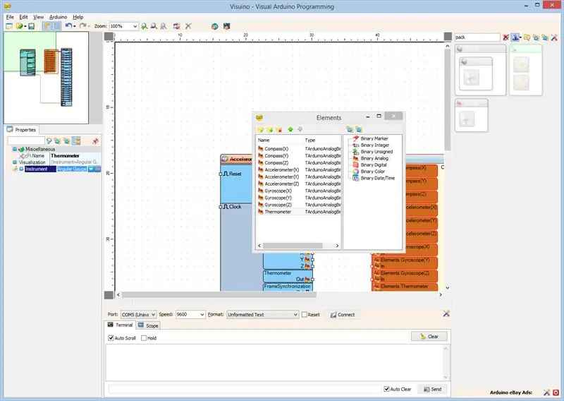 Dans Visuino: configurer la visualisation de l'élément de paquet pour le thermomètre