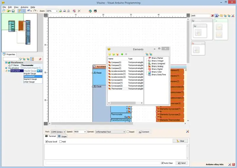 In Visuino: configurare la visualizzazione dell'elemento pacchetto per il termometro