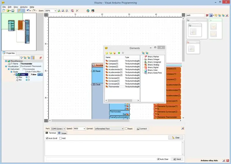 A Visuino: configureu la visualització de l’element del paquet per al termòmetre