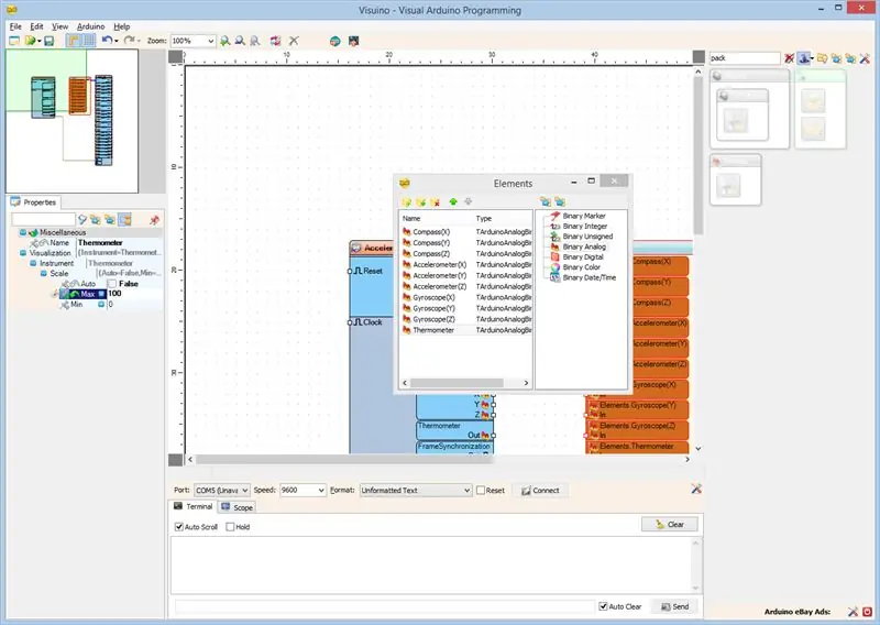 En Visuino: configurar la visualización del elemento de paquete para el termómetro