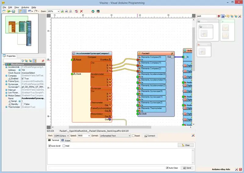 A Visuino: connecteu el component MPU9250 als elements del component de paquets