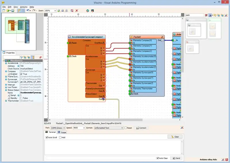 In Visuino: sluit de MPU9250-component aan op de elementen van de pakketcomponent