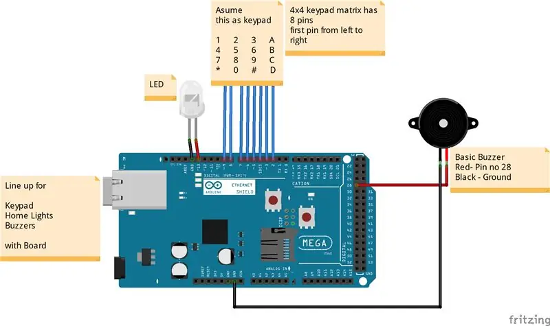 ליין אפ עבור מטריקס לוח מקשים 4x4, LED וזמזם עם לוח Arduino