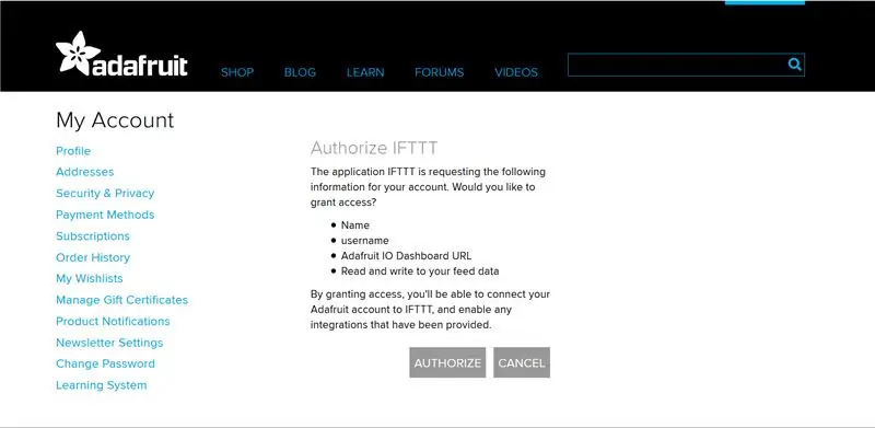 IFTTT, Свържете IFTTT към Adafruit