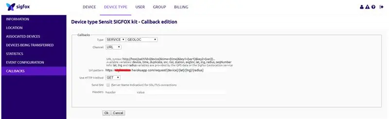 تكوين Sigfox Backend Callback