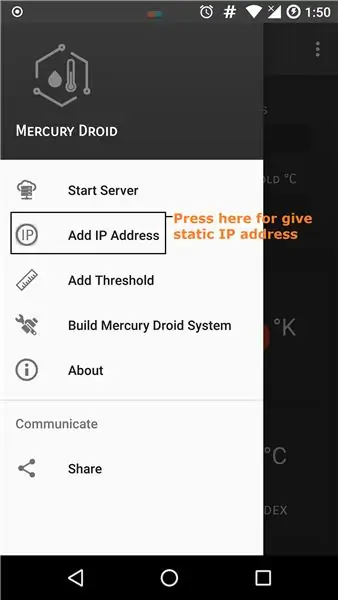 Cilësimet e aplikacionit Mercury Droid Android