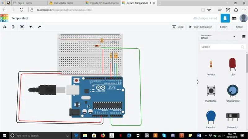 9. Precisament sota la pota dreta de la resistència normal, col·loqueu un cable que vagi des d'A0 a l'Arduino just a sota de la pota dreta de la resistència regular