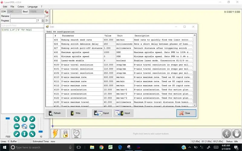 Carga de la biblioteca GRBL y configuración del láser GRBL