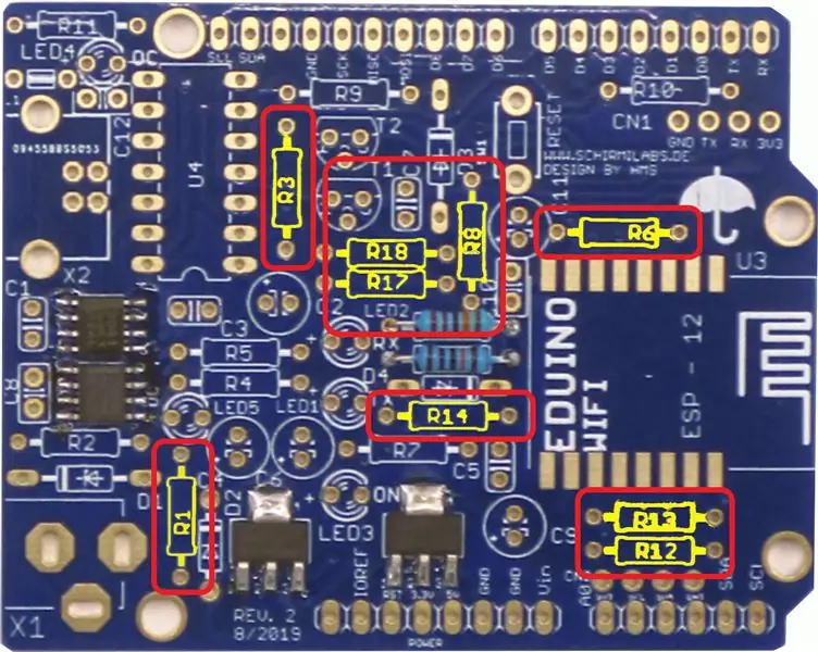 Solder R1, R3, R6, R8, R12, R13, R14, R17, R18: Resistor 10 KOhm