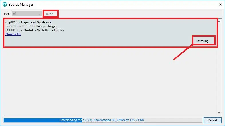 Etsi ESP32 ja paina Asennus -painiketta "ESP32 by Espressif Systems"