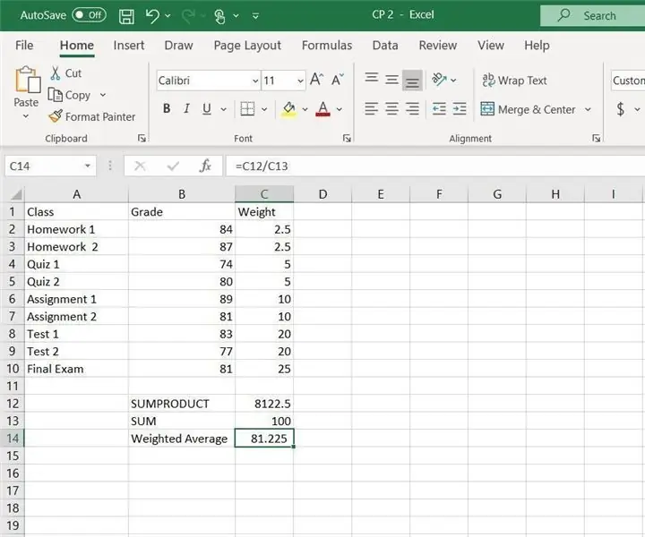 CP2 Excel ponderirani prosjek: 14 koraka