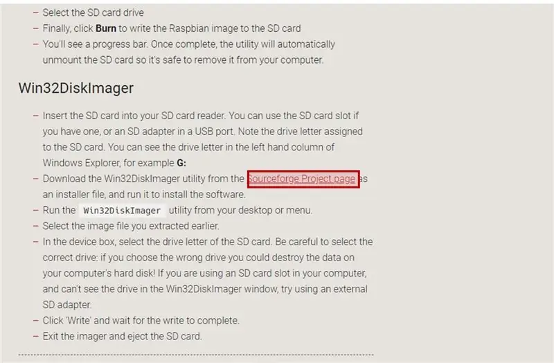 ภายใต้ส่วน Win32DiskImager ดับเบิลคลิกที่หน้าโครงการ SourceForge เพื่อดาวน์โหลดซอฟต์แวร์