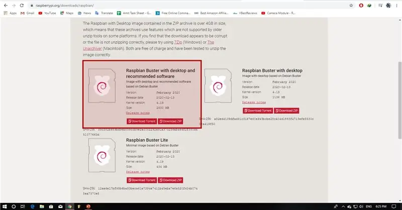 "Ish stoli va tavsiya etilgan dasturiy ta'minot bilan Raspbian Buster" bo'limiga o'ting va "Zipni yuklab olish" variantini tanlang