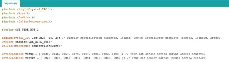 „Arduino IDE“savas kodas ir funkcijos // „Vlastni Kod Teplomeru a Funkce“