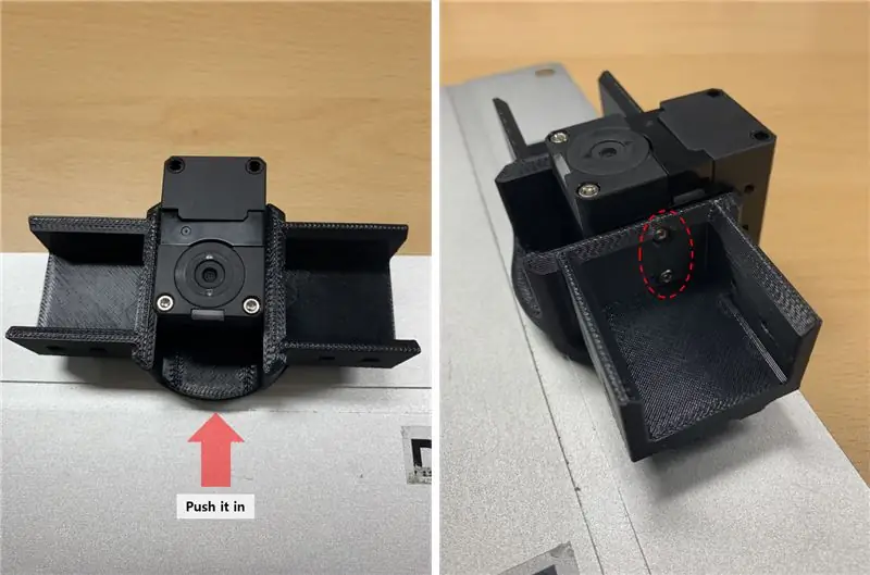 Poussez une pièce de base de rotation dans les pièces assemblées à l'étape 4 et fixez le Dynamixel (ID 1) et la pièce de base de rotation avec 4 boulons (WB_M2.5X06)