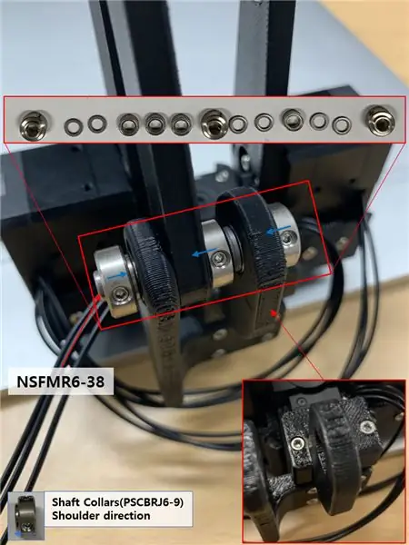 Kumpletuhin ang Pag-ikot ng Axis na Nagtipon sa Hakbang 9 Gamit ang Holder B at Karagdagang Mga Bahagi ng Axis (isang Shaft Collar (PSCBRJ6-9), isang Bearing at Spacers (MSRB6-1.0)), at I-install ang Holder a sa Dynamixel (ID 1) ng Dalawang Bolts (WB_M2.5X20)