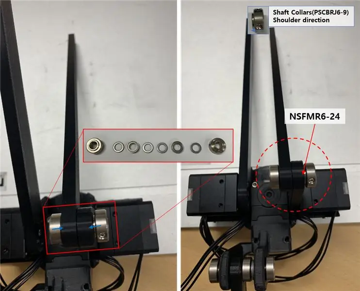 Assembleer de volgende rotatieas met de Link 50, New Link 200 B en asonderdelen (een as (NSFMR6-24), askragen (PSCBRJ6-9), lagers en afstandhouders (MSRB6-1.0)) en let daarbij op de gesorteerde volgorde en de Aanwijzingen voor askragen