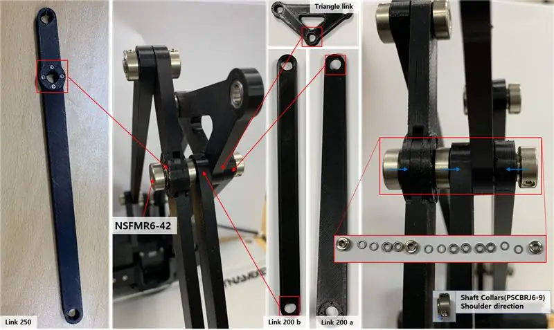 Asamblați o axă de rotație cu Link 250, New Link 200 B, Link Triunghi, Link 200 a și piese Axis, acordând atenție ordinii sortate și instrucțiunilor colierelor arborelui