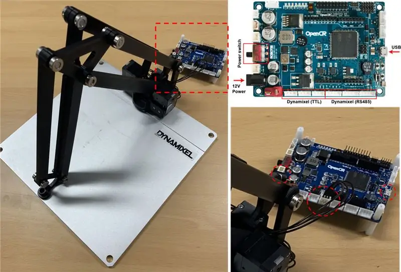 Connectez le câble (Cable_3P_240MM) de l'OpenManipulator Link, un câble d'alimentation (SMPS 12V5A) et un câble USB à l'OpenCR, et connectez le câble USB à votre PC